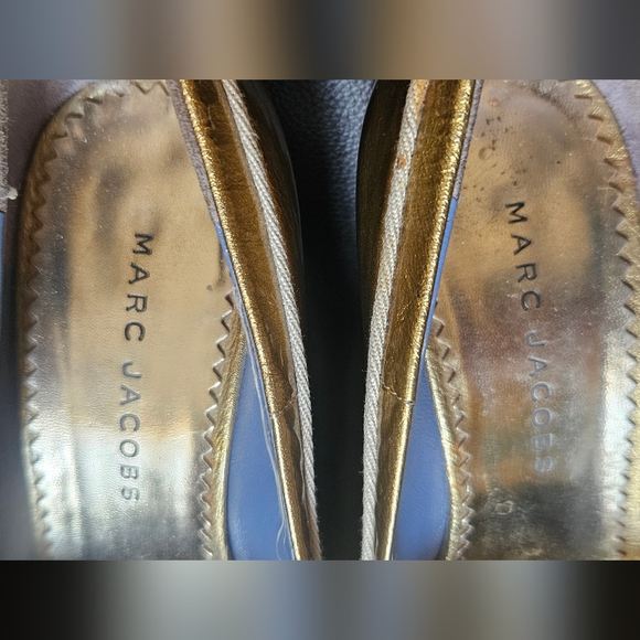 Marc Jacobs Gold Leather Peep Toe Bow Pumps Open Toe Chunky High Heels Size 37 6 - Picture 4 of 16